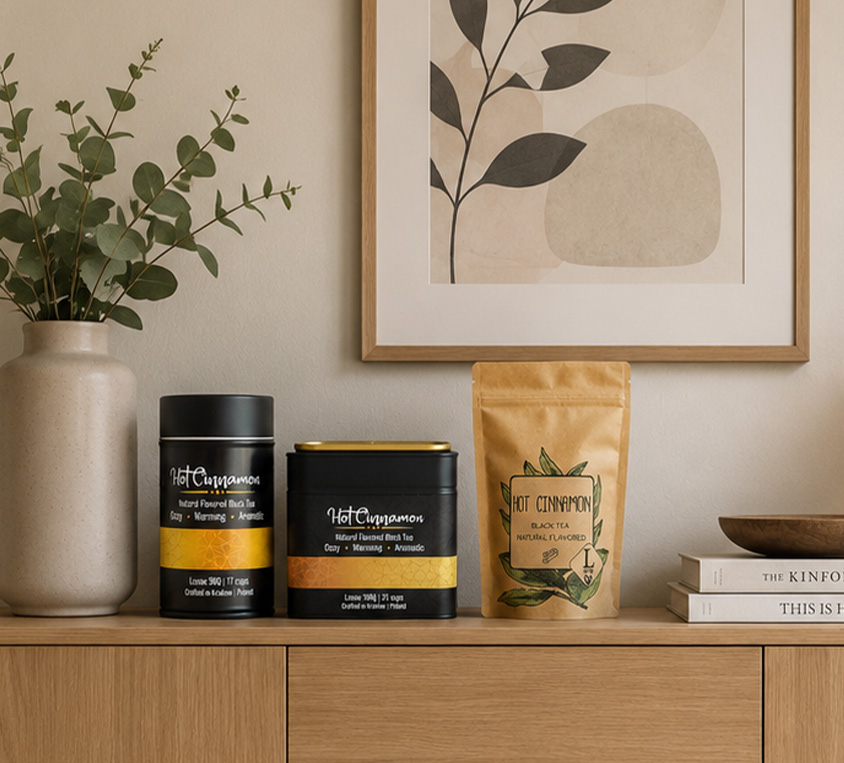 Hot Cinnamon Leo Tea – elegancka puszka, doypack i kubek prezentowy